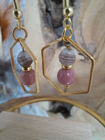 Boucles d'oreilles hexagone "Rhodonite et Agate du Botswana"